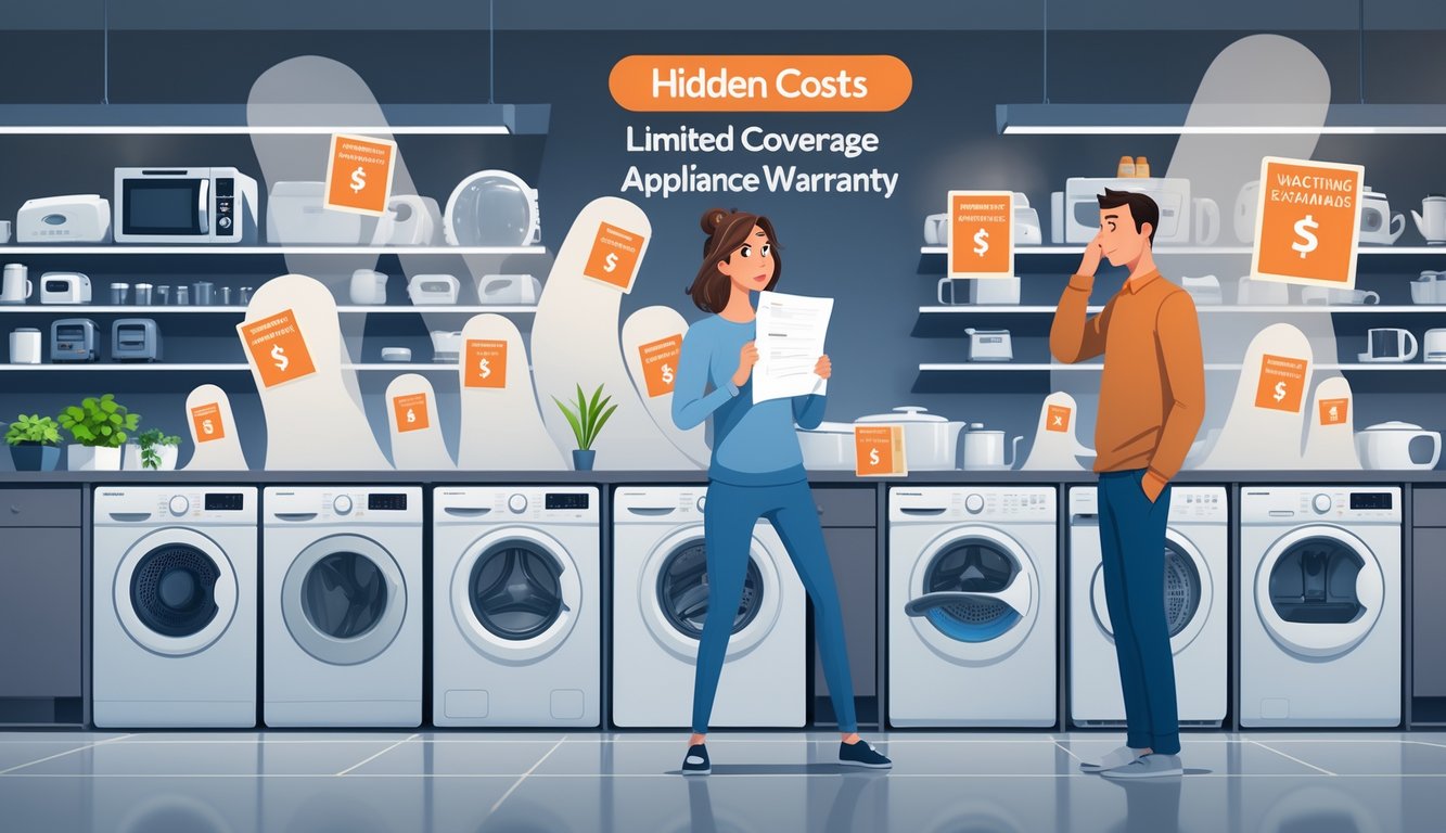 A worried consumer in an appliance store holding a manual, surrounded by shadowy symbols of hidden fees and broken appliances, while a retailer looks evasive in the background.