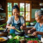 Two Thai women cooking traditional dishes together in a rustic kitchen surrounded by fresh ingredients and traditional utensils.