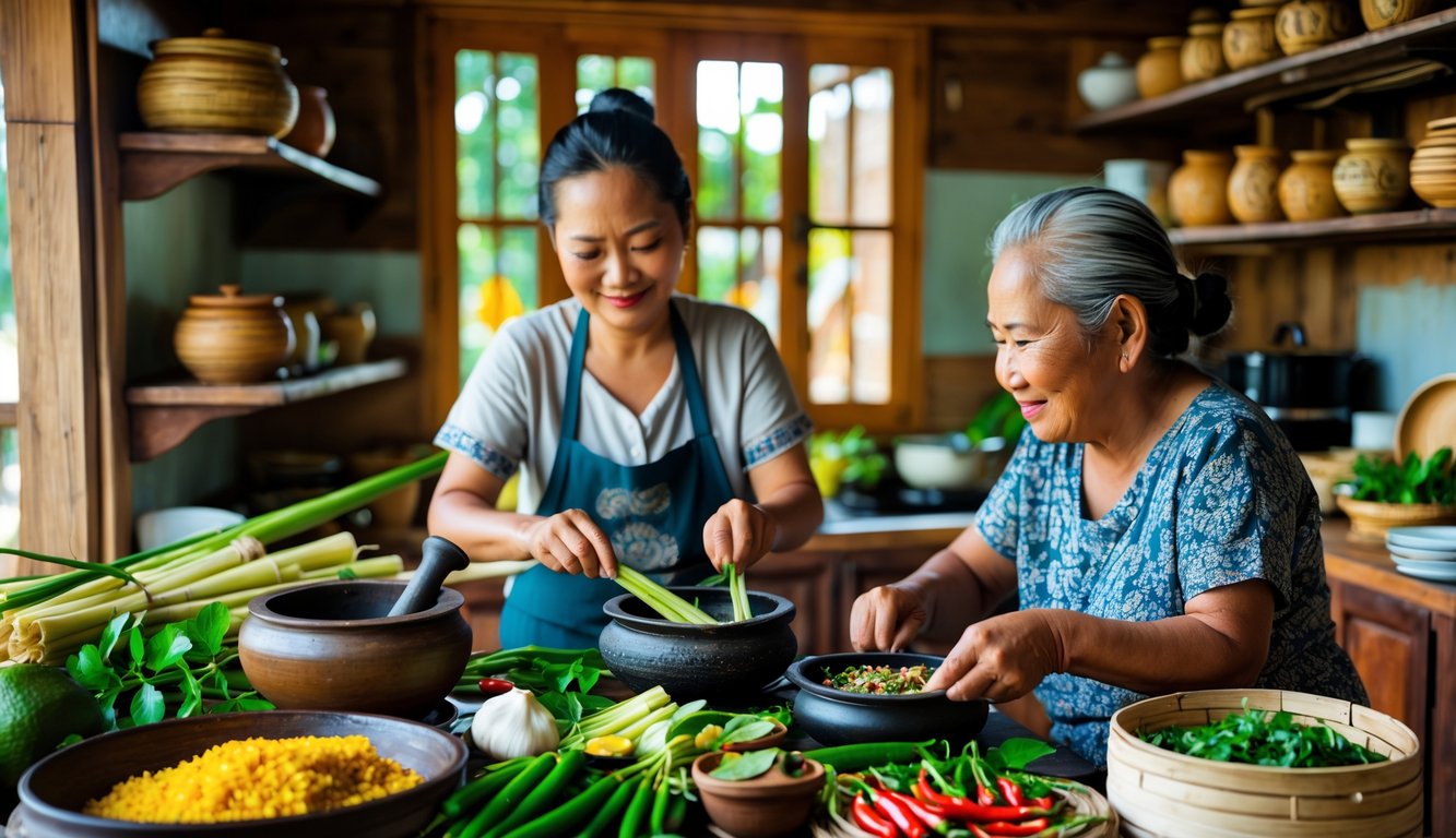 Two Thai women cooking traditional dishes together in a rustic kitchen surrounded by fresh ingredients and traditional utensils.