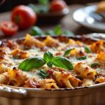 A baked pasta dish with melted cheese and basil served in a ceramic dish on a restaurant table.