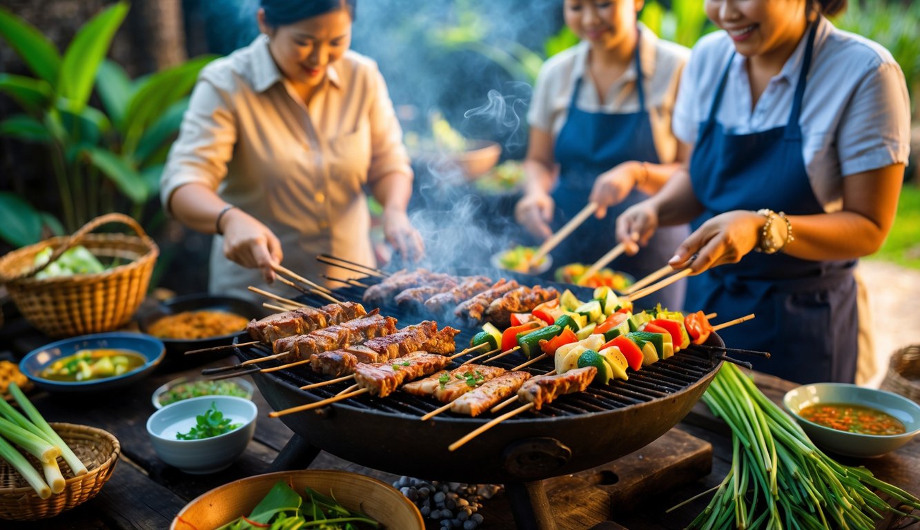 Home cooks grilling marinated meats and vegetables over a traditional charcoal grill outdoors surrounded by fresh herbs and cooking ingredients.