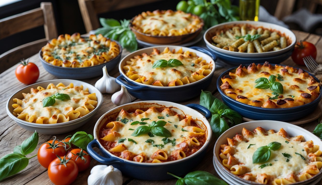 A table displaying various baked pasta dishes from Sicily with fresh ingredients and warm lighting.