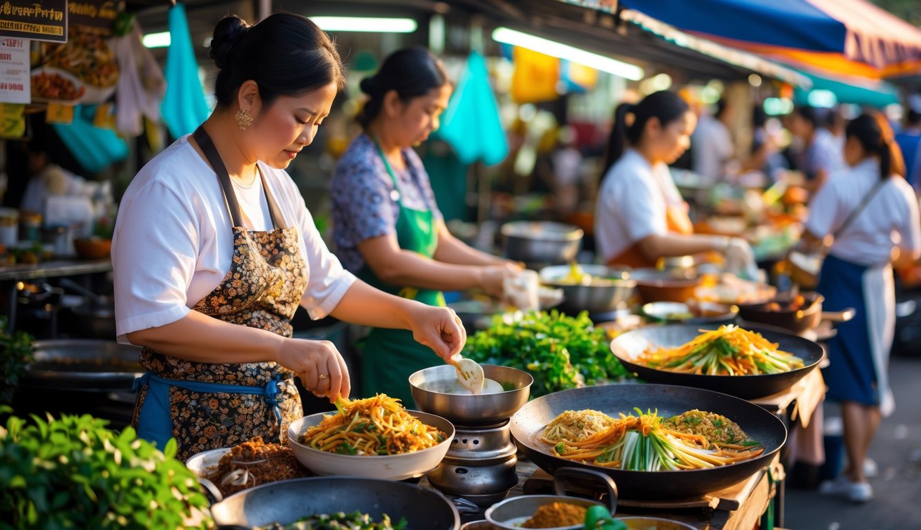Home cooks preparing traditional Thai street food at busy outdoor market stalls surrounded by fresh ingredients and cooking equipment.