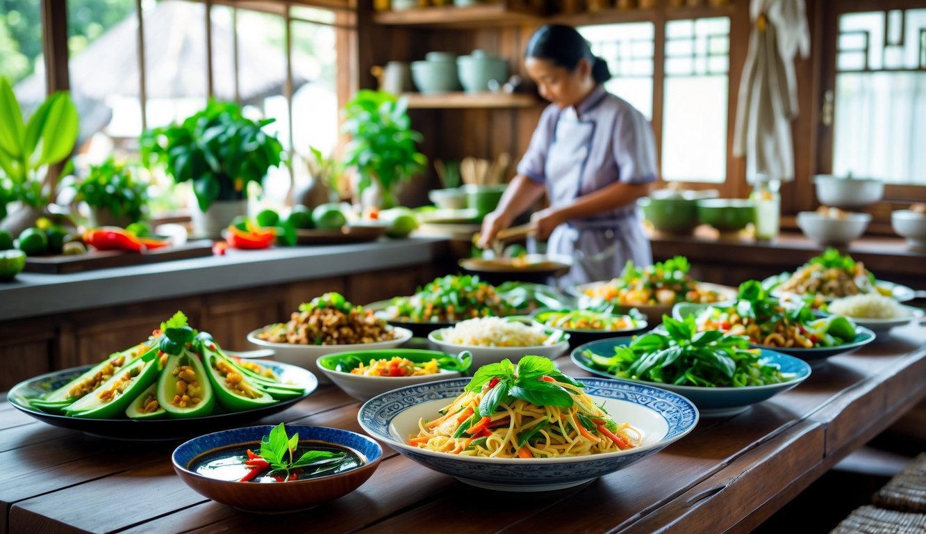 A Thai home cook preparing traditional salads and light meals on a wooden table filled with colorful dishes and fresh ingredients.