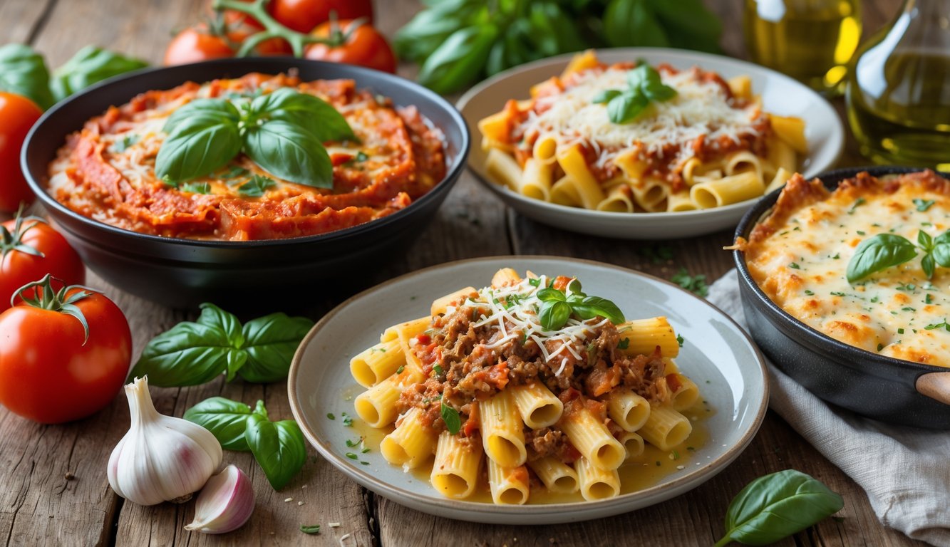 Three plates of baked pasta with tomato, ragu, and creamy sauces on a wooden table, garnished with fresh herbs and surrounded by ingredients like tomatoes and garlic.