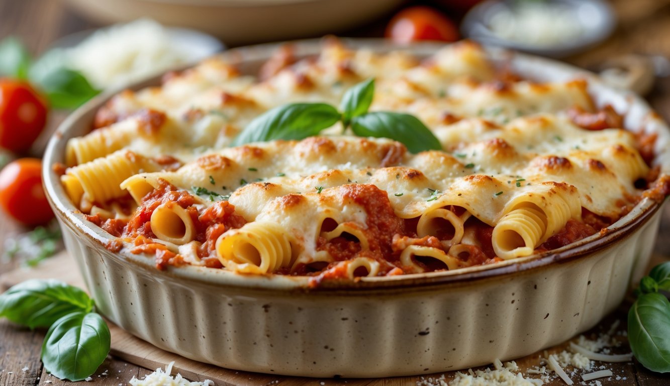 Close-up of a baked pasta dish with melted cheese layers in a ceramic dish on a wooden table with fresh basil and cherry tomatoes nearby.