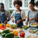 Three adults preparing healthy lunch meals with fresh vegetables and grains in a bright kitchen.