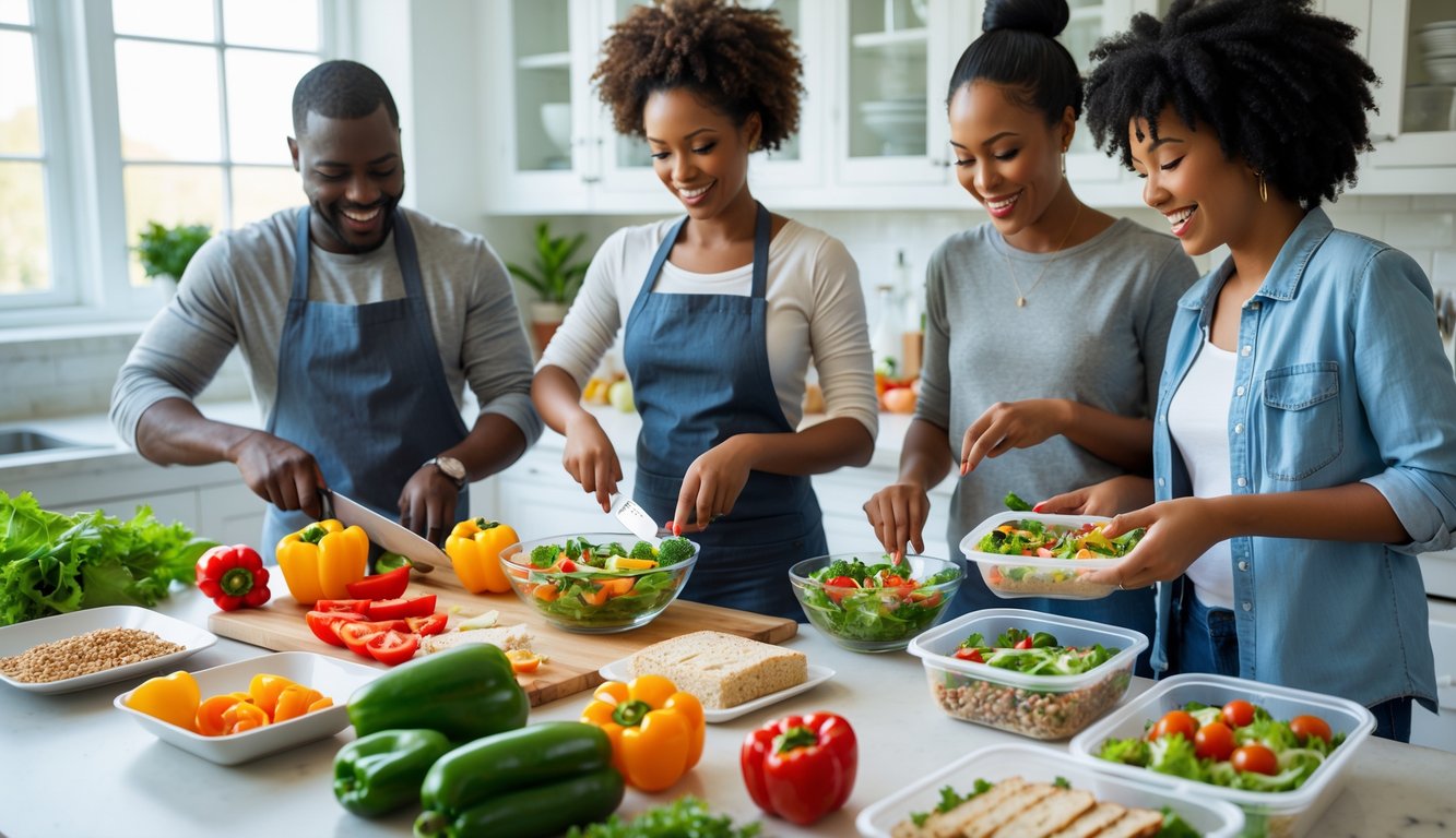 Three adults preparing healthy lunch meals with fresh vegetables and grains in a bright kitchen.