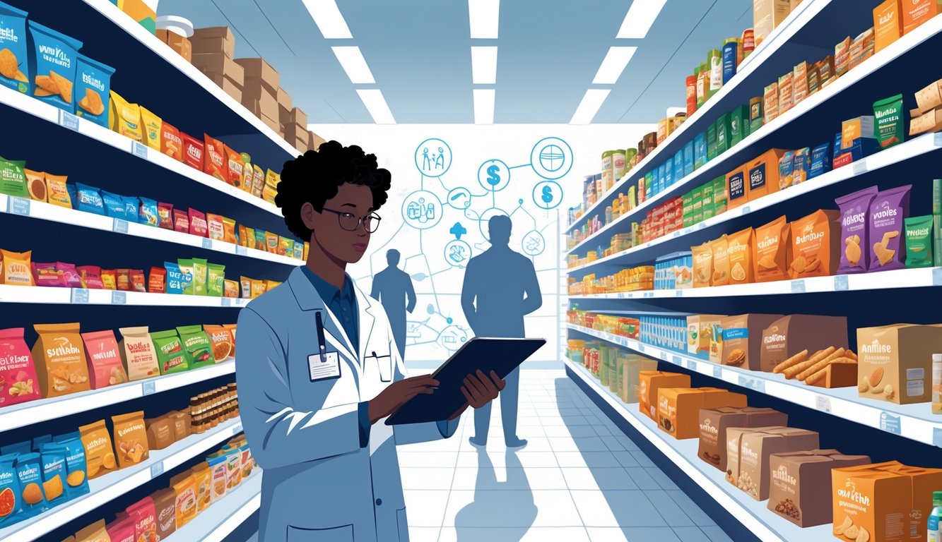 A researcher examines snack products in a supermarket aisle, highlighting hidden costs related to their ingredients.