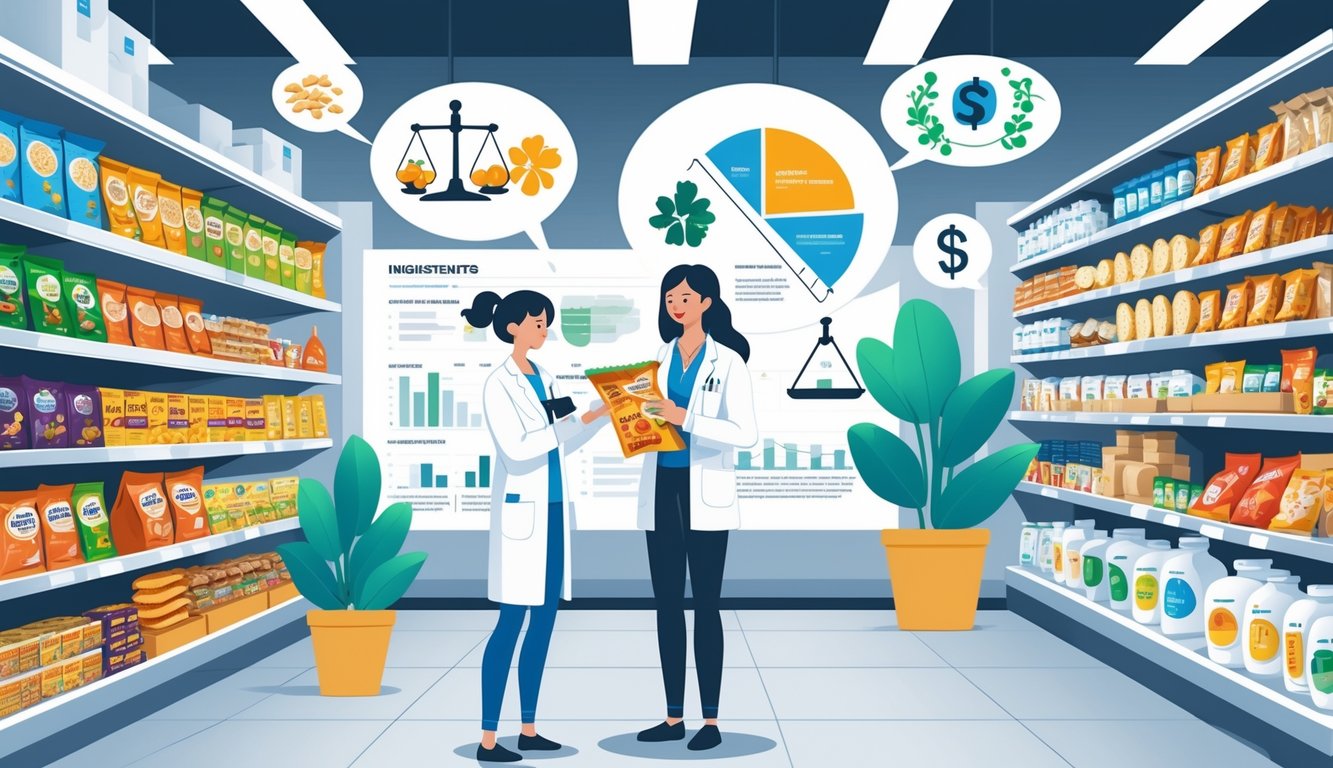 A scientist examines snack packages in a supermarket aisle with visual elements showing ingredient analysis and hidden costs.