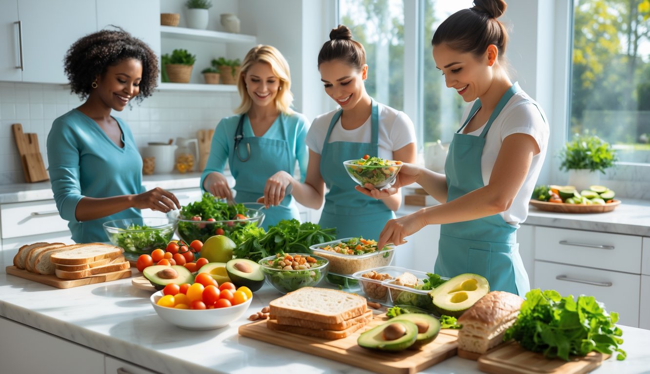 Several dietitians preparing fresh and healthy quick lunch meals in a bright kitchen with fresh vegetables and fruits on the countertop.