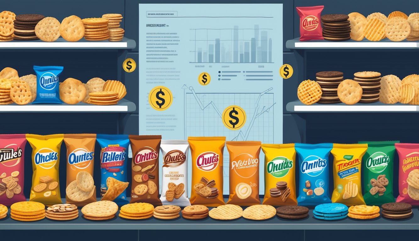 A supermarket shelf filled with various popular snacks, with faint symbols and charts in the background suggesting hidden costs and scientific study.
