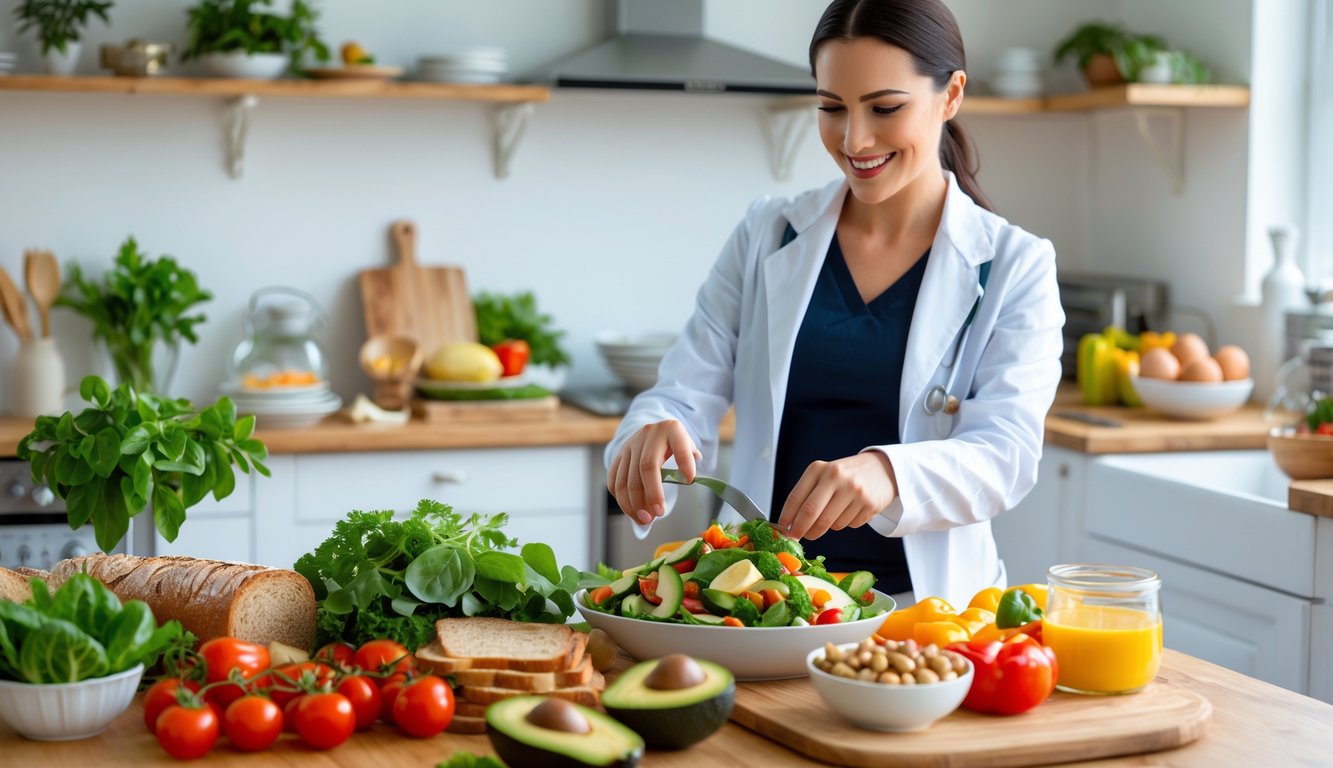 A dietitian preparing a colorful, healthy lunch with fresh vegetables and whole foods on a kitchen countertop.
