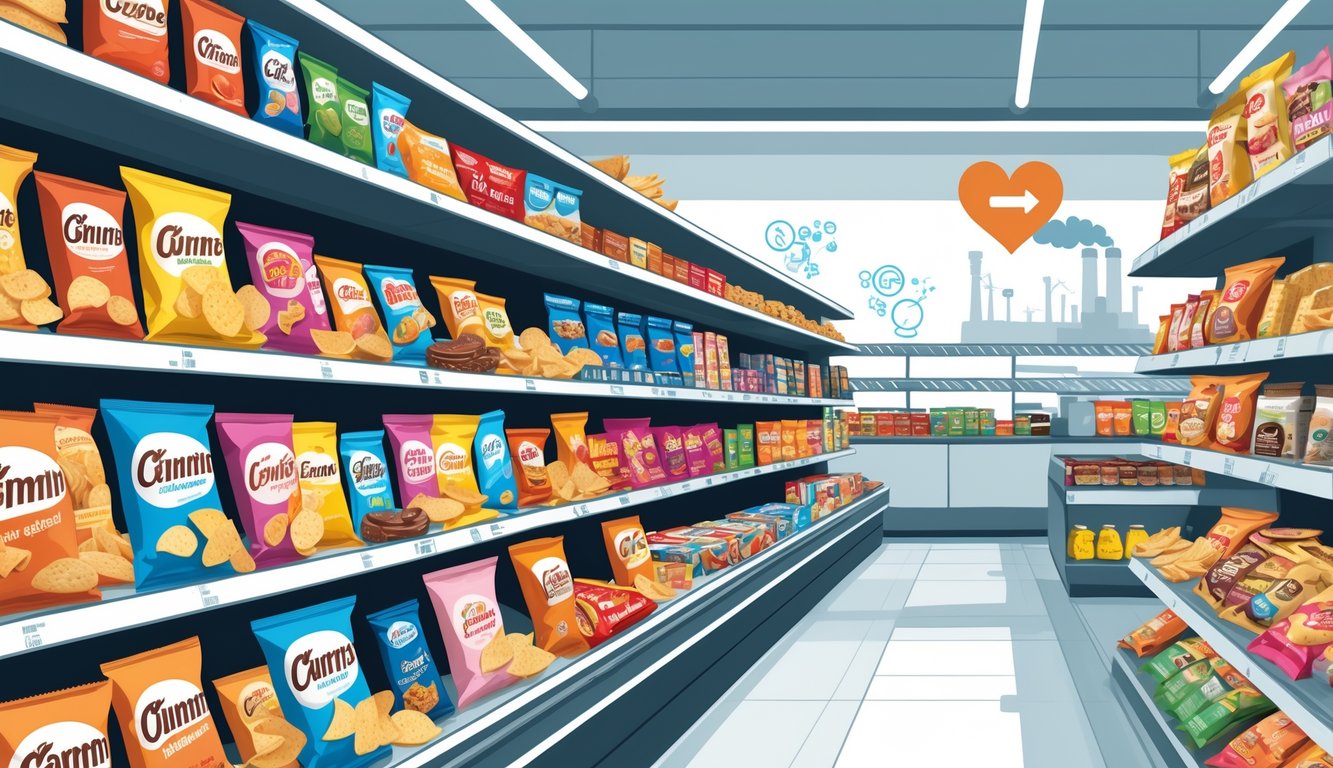 A supermarket snack aisle showing various packaged ultra-processed foods with floating icons representing common ingredients and symbols indicating hidden health and environmental costs.