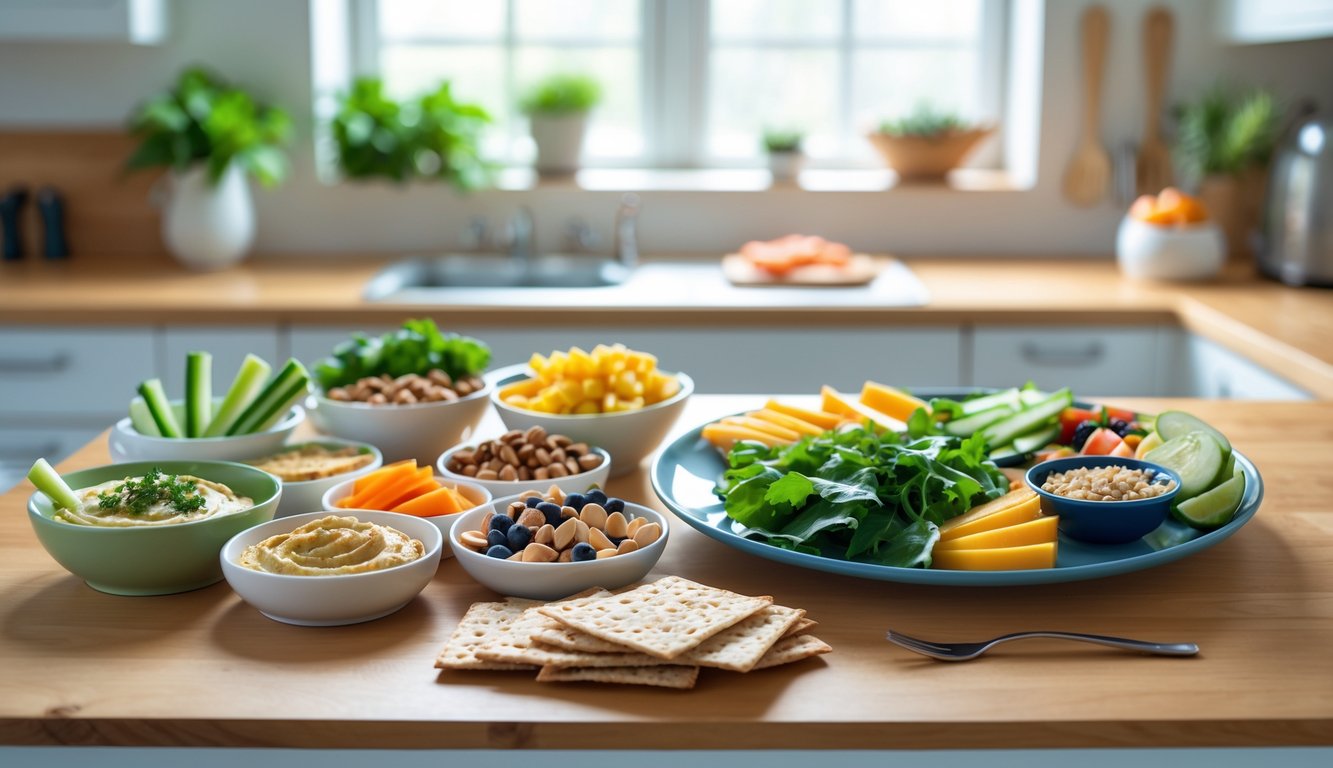 A kitchen table with a variety of healthy quick lunch foods including vegetables, fruits, nuts, and a balanced lunch plate.