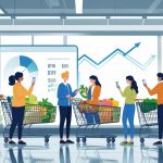 Shoppers in a supermarket carefully reviewing their grocery carts and budgets while selecting items on shelves.