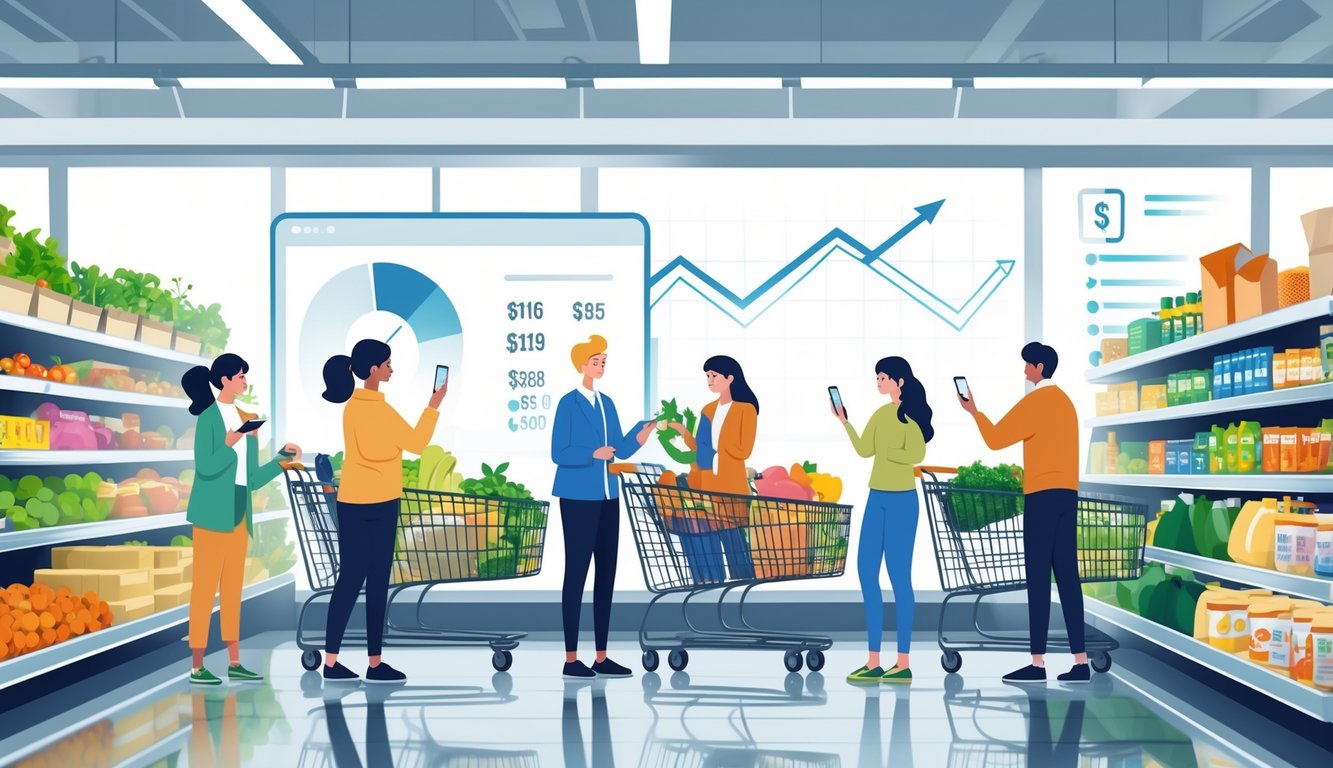 Shoppers in a supermarket carefully reviewing their grocery carts and budgets while selecting items on shelves.