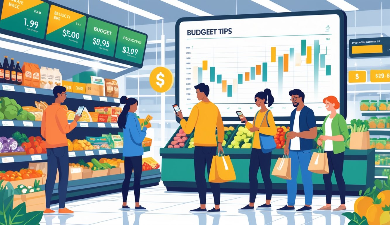 Shoppers in a supermarket carefully selecting groceries while using a smartphone and shopping lists, with price charts visible in the background.