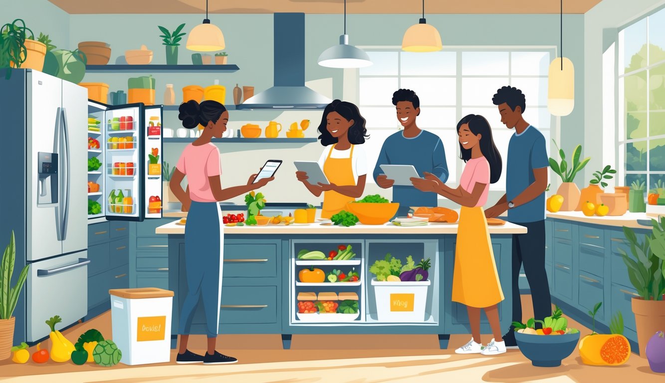 A family planning meals in a kitchen with fresh groceries, organized food storage, and a compost bin to reduce food waste.