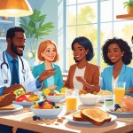 A doctor advises a group of busy people enjoying a healthy breakfast together in a bright kitchen.