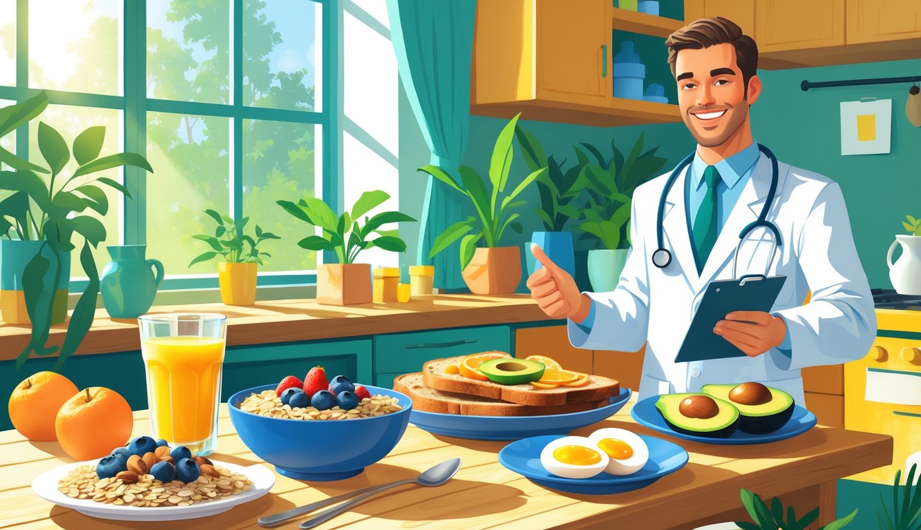 A doctor standing beside a table with a healthy breakfast spread including oatmeal with berries, orange juice, avocado toast, and boiled eggs in a bright kitchen.