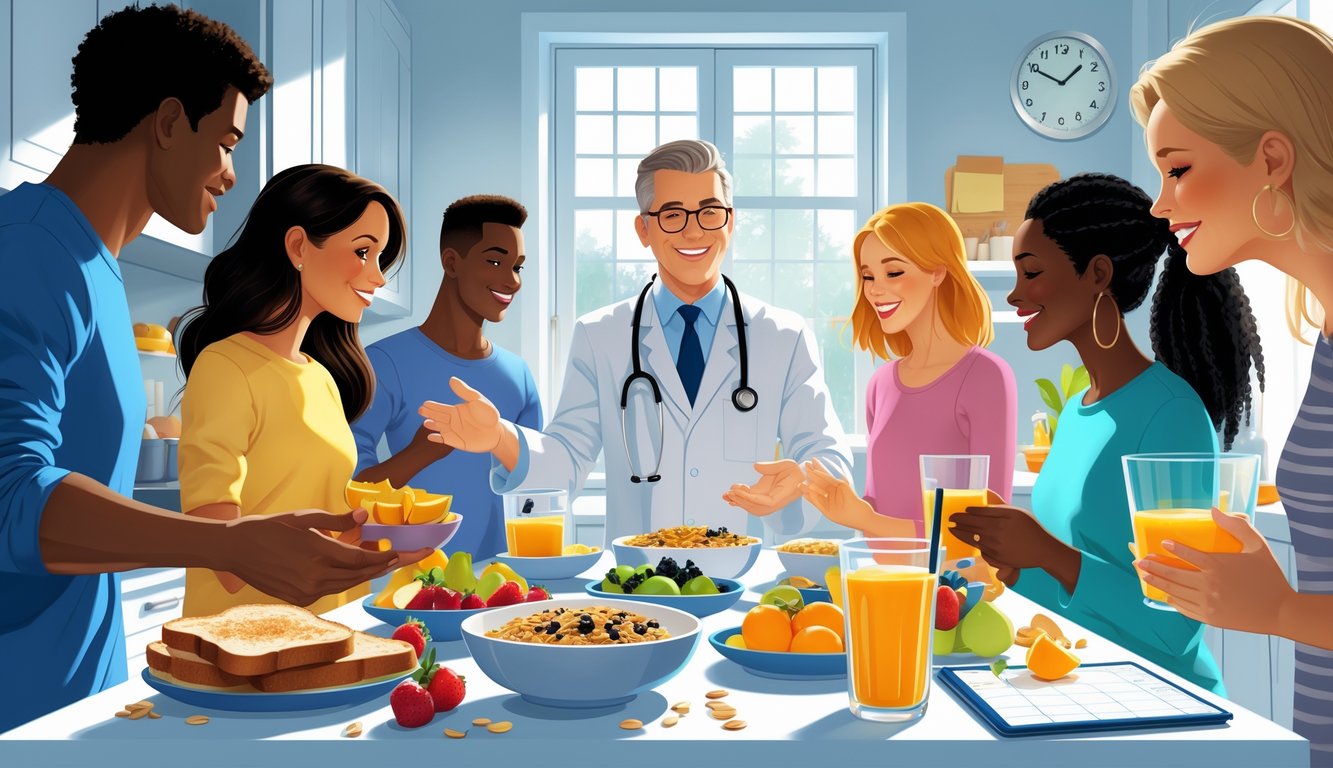 People enjoying a healthy breakfast with fruits, oatmeal, and juice in a bright kitchen while a doctor offers guidance.