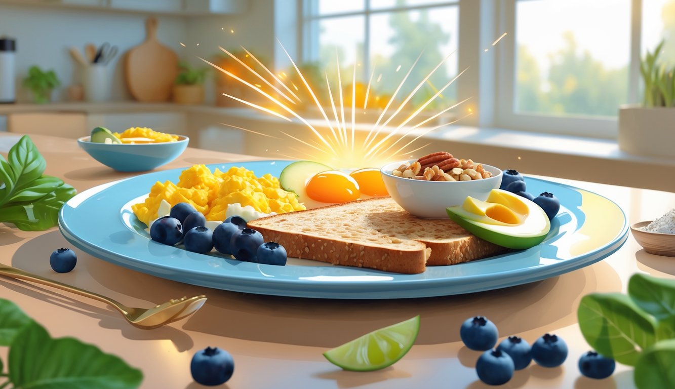 A breakfast plate with scrambled eggs, whole grain toast, mixed berries, avocado slices, and Greek yogurt in a bright kitchen with morning sunlight.