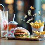Close-up of a takeout fast food meal with a burger, fries, and soda on a table, with faint icons representing hidden costs floating around the food.