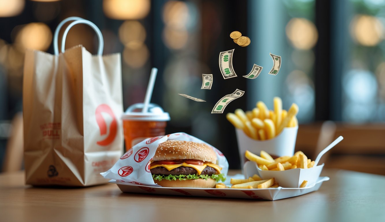Close-up of a takeout fast food meal with a burger, fries, and soda on a table, with faint icons representing hidden costs floating around the food.