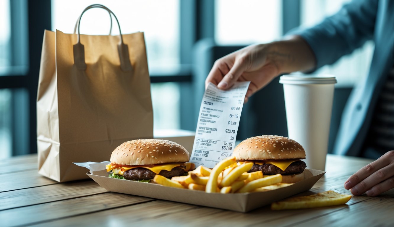 Close-up of a fast food takeout order with a receipt and a person’s hand reaching for it on a wooden table.