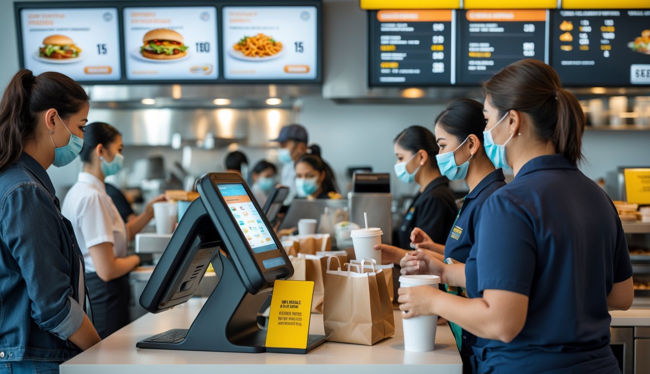 Customers ordering and picking up takeout food at a fast food counter with digital kiosks and employees preparing orders.