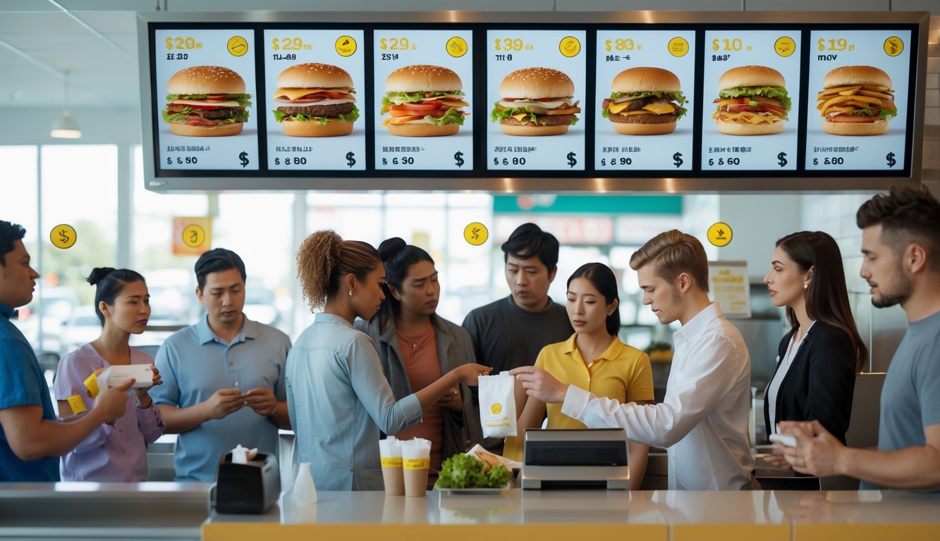 Customers at a fast food counter receiving takeout orders while looking at receipts with concerned expressions beneath digital menu boards.