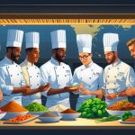 A group of chefs examining fresh ingredients together in a kitchen with maps in the background.