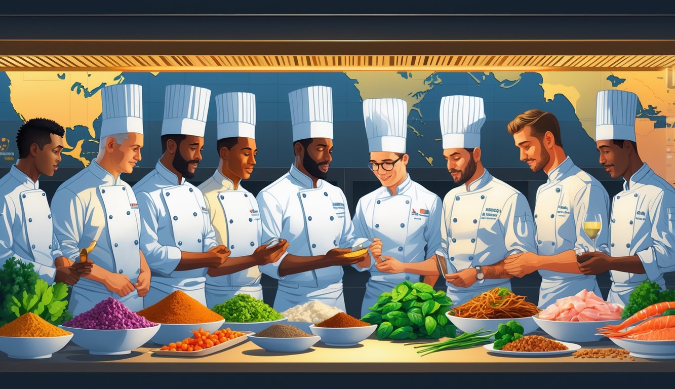 A group of chefs examining fresh ingredients together in a kitchen with maps in the background.