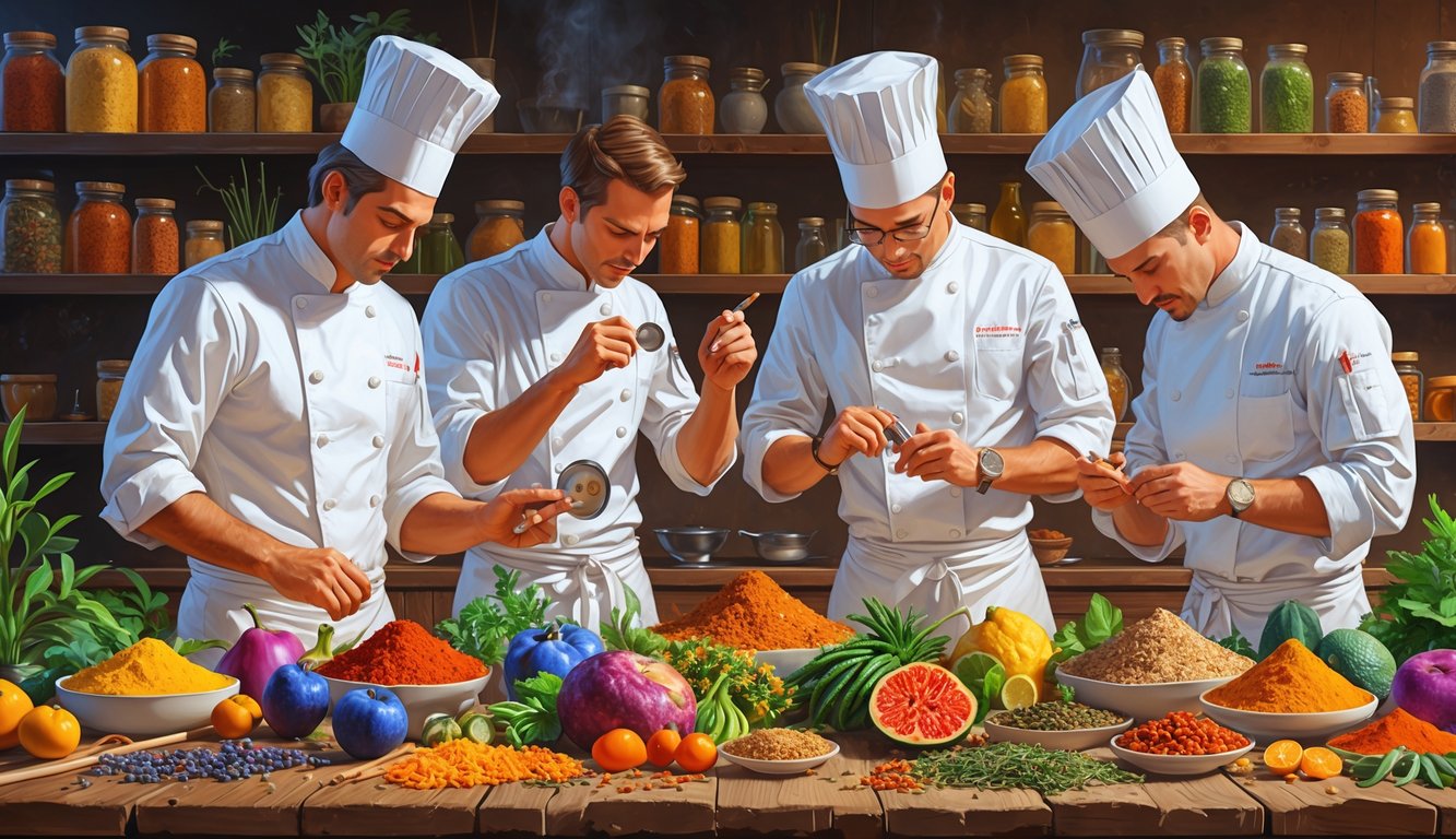 Chefs in a kitchen carefully selecting and examining a variety of rare and exotic ingredients on a wooden table.