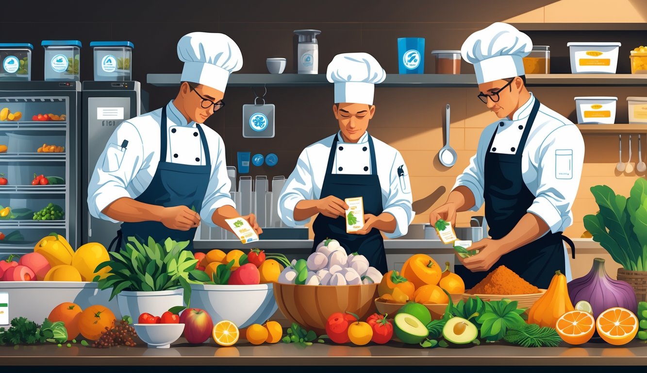 Chefs in a kitchen carefully selecting fresh ingredients and inspecting food containers to ensure quality and safety.