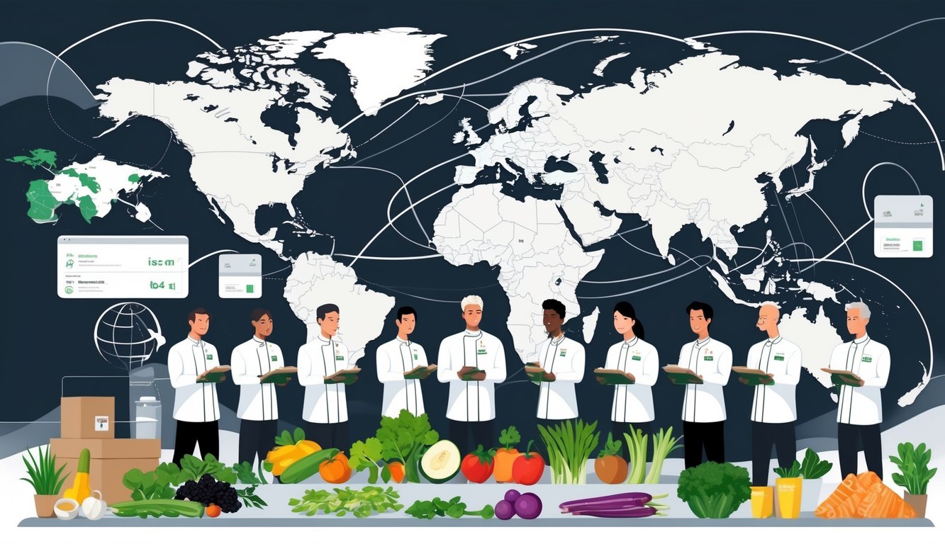 A group of diverse chefs examining fresh ingredients with a world map and supply routes in the background, illustrating the global ingredient supply chain and secretive sourcing.
